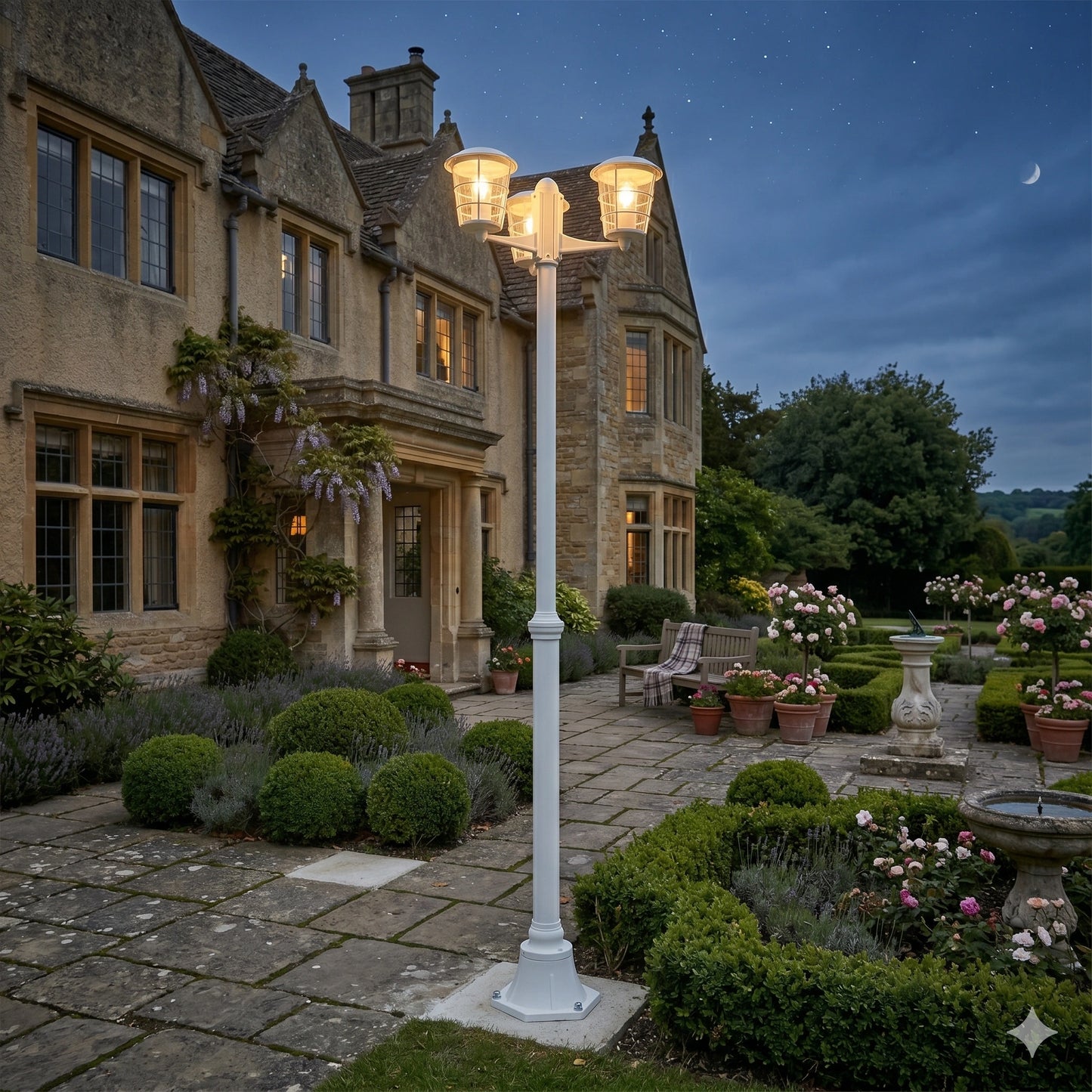 Eglo Aloria 180cm Triple-Head Outdoor Post Light - White Anti-Rust Garden Lantern (IP44 E27)