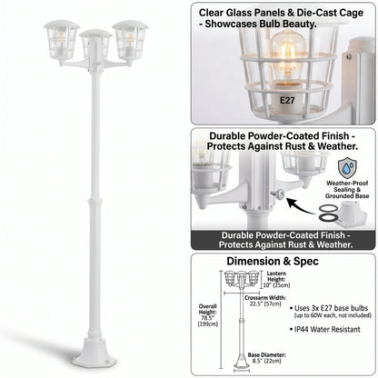 Eglo Aloria 180cm Triple-Head Outdoor Post Light - White Anti-Rust Garden Lantern (IP44 E27)