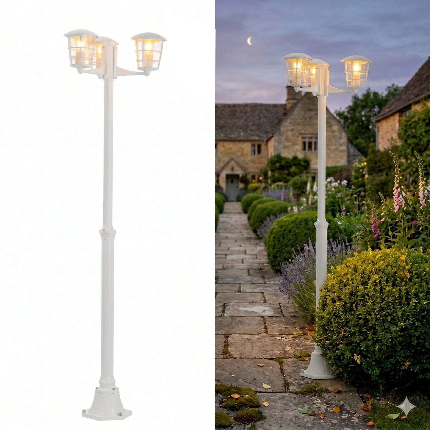 Eglo Aloria 180cm Triple-Head Outdoor Post Light - White Anti-Rust Garden Lantern (IP44 E27)