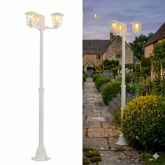 Eglo Aloria 180cm Triple-Head Outdoor Post Light - White Anti-Rust Garden Lantern (IP44 E27)