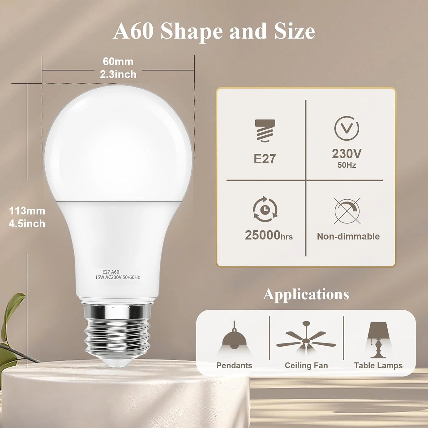 15W E27 LED Bulb (100W Halogen Equivalent) - 6500K Cool White 1350LM Super Bright A60 Screw-In Lamp