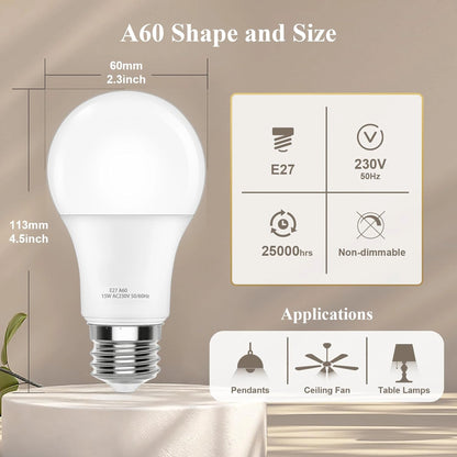 15W E27 LED Bulb (100W Halogen Equivalent) - 6500K Cool White 1350LM Super Bright A60 Screw-In Lamp