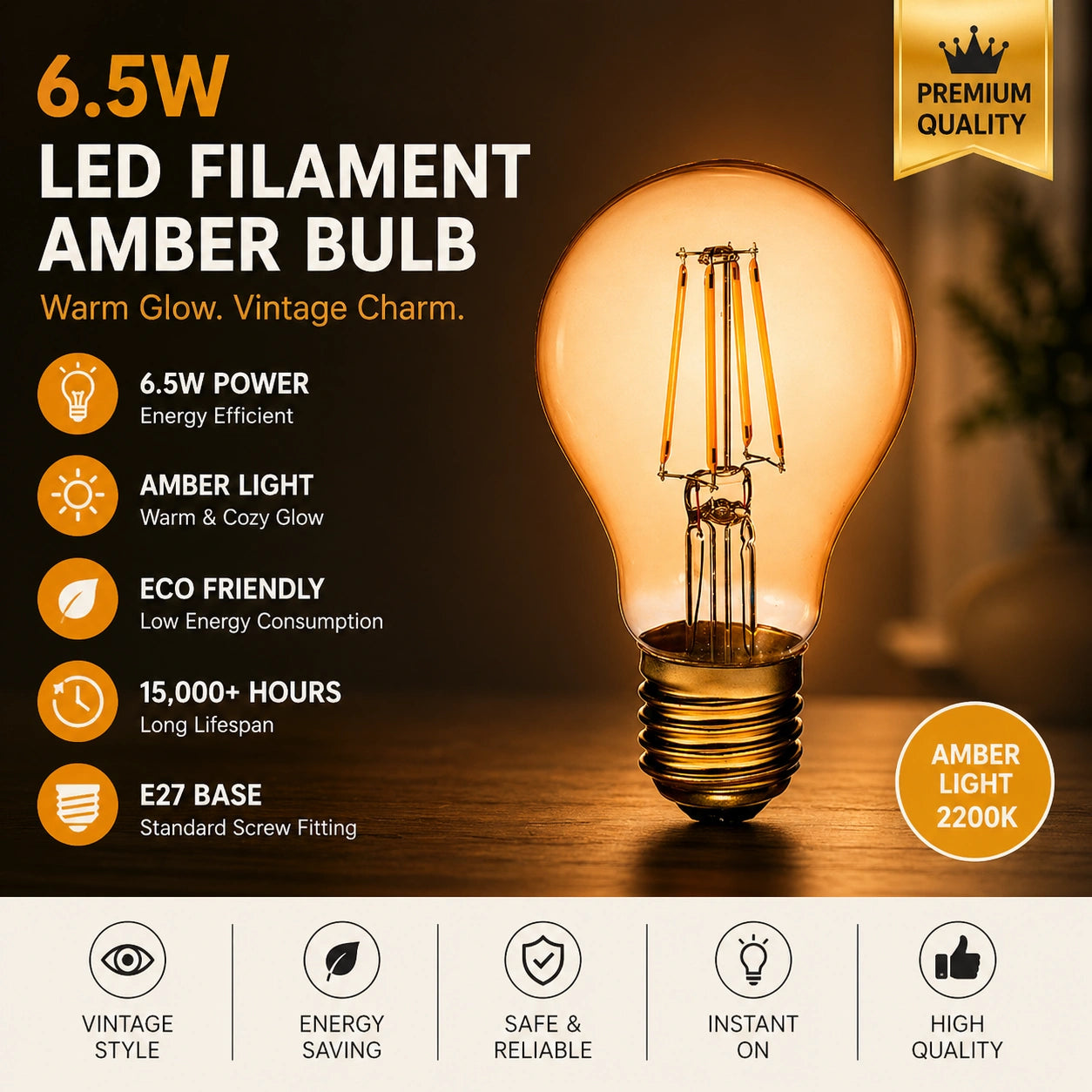 Elsewedy 6.5W Amber LED Filament Bulb - A60 E27 Edison Screw 2200K Ultra-Warm Decorative Vintage Lamp (35W Equivalent)