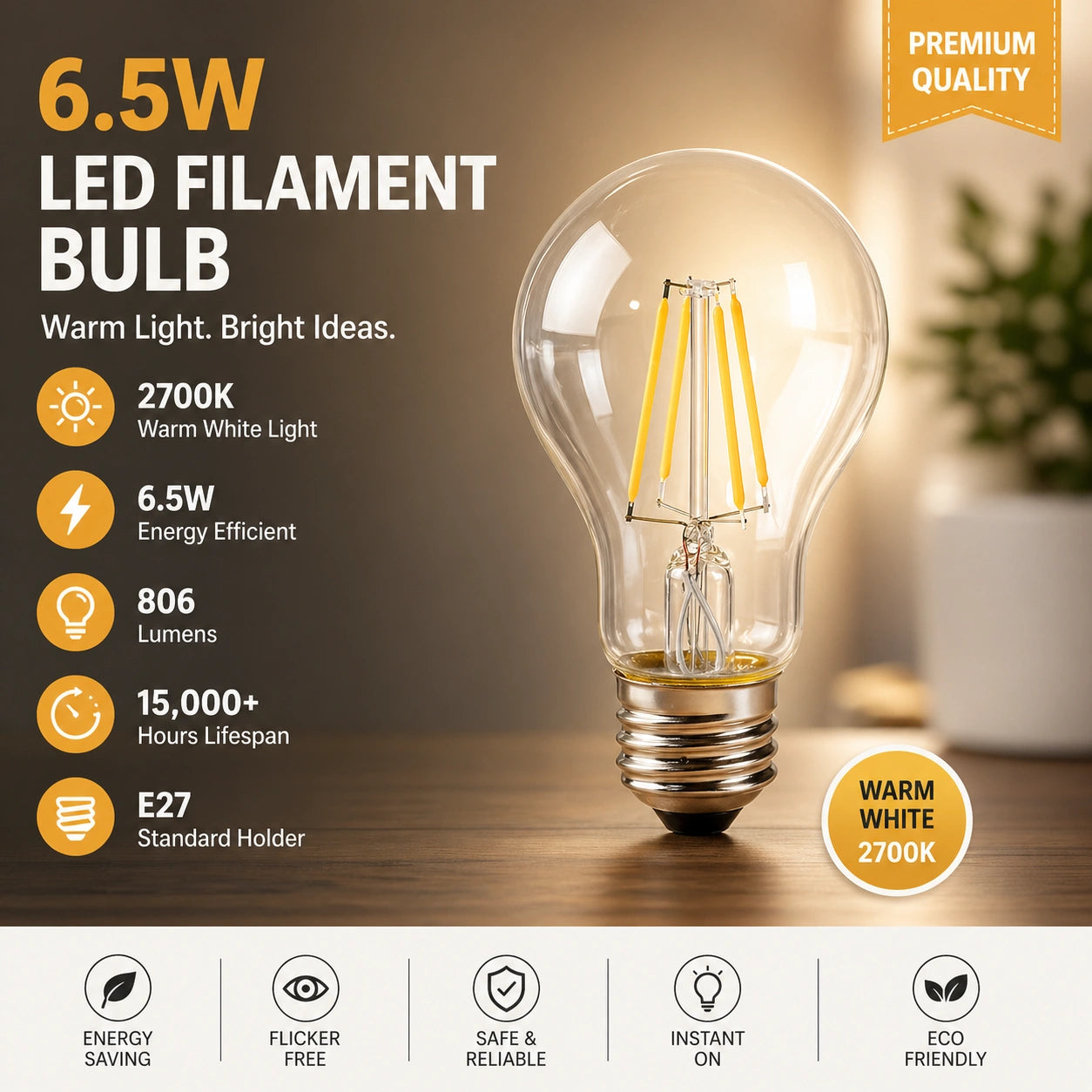 Elsewedy 6.5W Vintage LED Edison Filament Bulb - A60 E27 Screw Base 2700K Warm White Decorative Lamp (35W Equivalent)