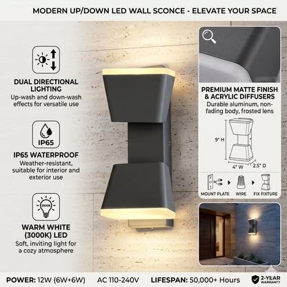 Egylux 12W Grey Aluminum Up Down Wall Sconce - IP54 Waterproof Modern Exterior Porch Light (AH00821)