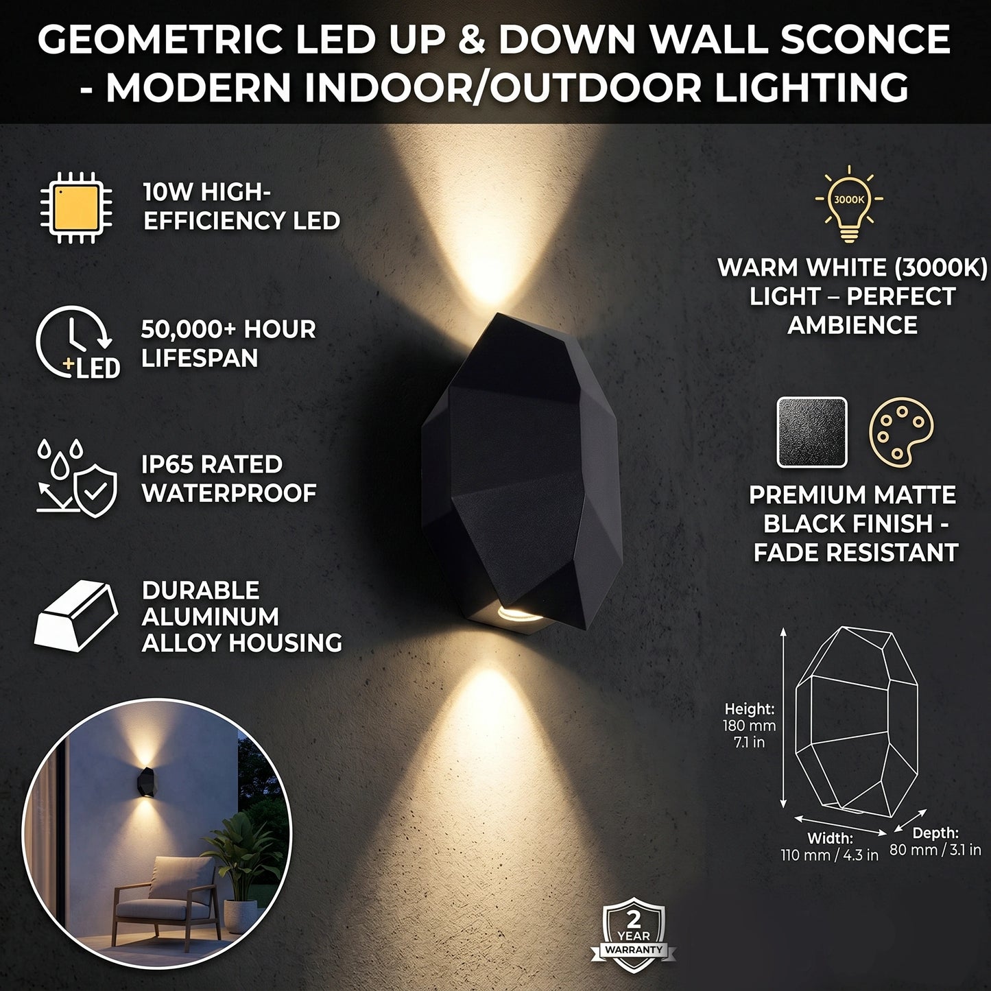 Egylux 6W Octagon Up Down Outdoor Wall Light - IP54 Waterproof Modern Dark Grey Exterior Lamp (ARD93)
