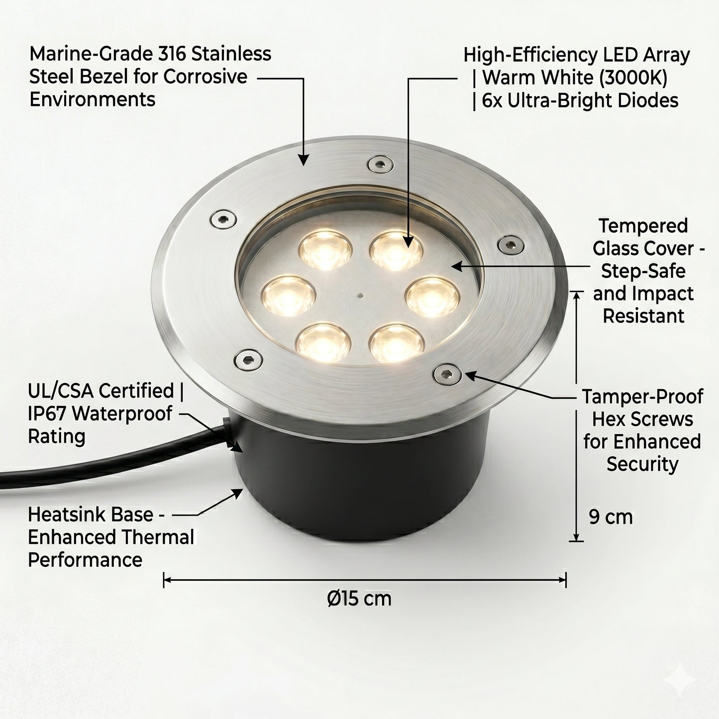 6W LED In-Ground Landscape Up light - IP67 Waterproof Stainless Steel Well Light (3000K Warm White)