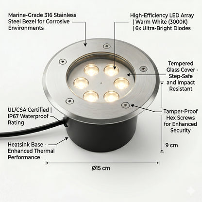6W LED In-Ground Landscape Up light - IP67 Waterproof Stainless Steel Well Light (3000K Warm White)