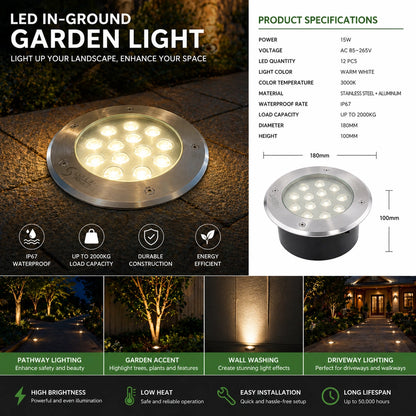 Elsewedy 12W In-Ground LED Garden Light - IP67 Waterproof 3000K Warm White Buried Landscape Lamp (Ø18×10 cm)