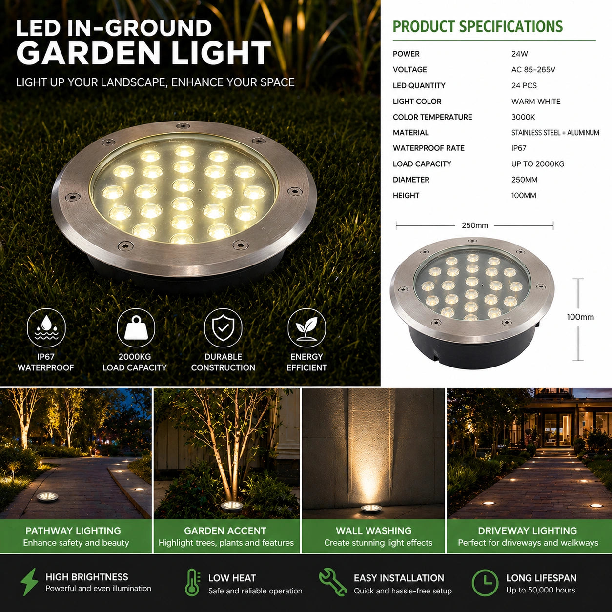 Elsewedy 24W In-Ground LED Garden Light - IP67 Waterproof 3000K Warm White Buried Landscape Lamp (Model D4070, Ø25x10cm)