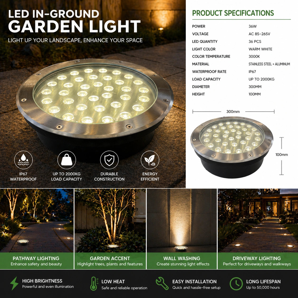 Elsewedy 36W In-Ground LED Landscape Light - IP67 Waterproof 3000K Warm White Buried Uplight (Model D4071, Ø30x10cm)