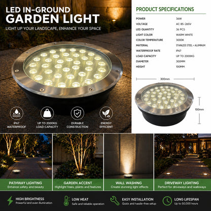 Elsewedy 36W In-Ground LED Landscape Light - IP67 Waterproof 3000K Warm White Buried Uplight (Model D4071, Ø30x10cm)