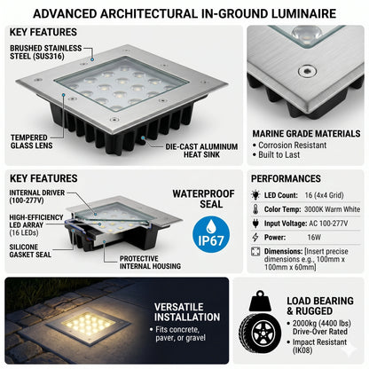 Elsewedy 16W Square LED In-Ground Garden Light - IP67 Waterproof 3000K Buried Landscape Uplight (D4074)