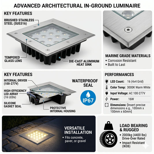 Elsewedy 16W Square LED In-Ground Garden Light - IP67 Waterproof 3000K Buried Landscape Uplight (D4074)