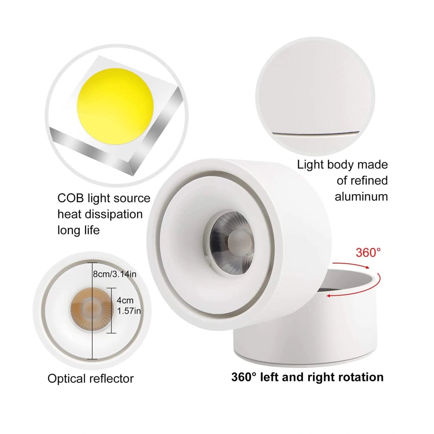 12W LED Surface Mounted Spotlight - 360° Rotatable COB Ceiling Light (Cool White 6000K)