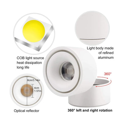 12W LED Surface Mounted Spotlight - 360° Rotatable COB Ceiling Light (Cool White 6000K)