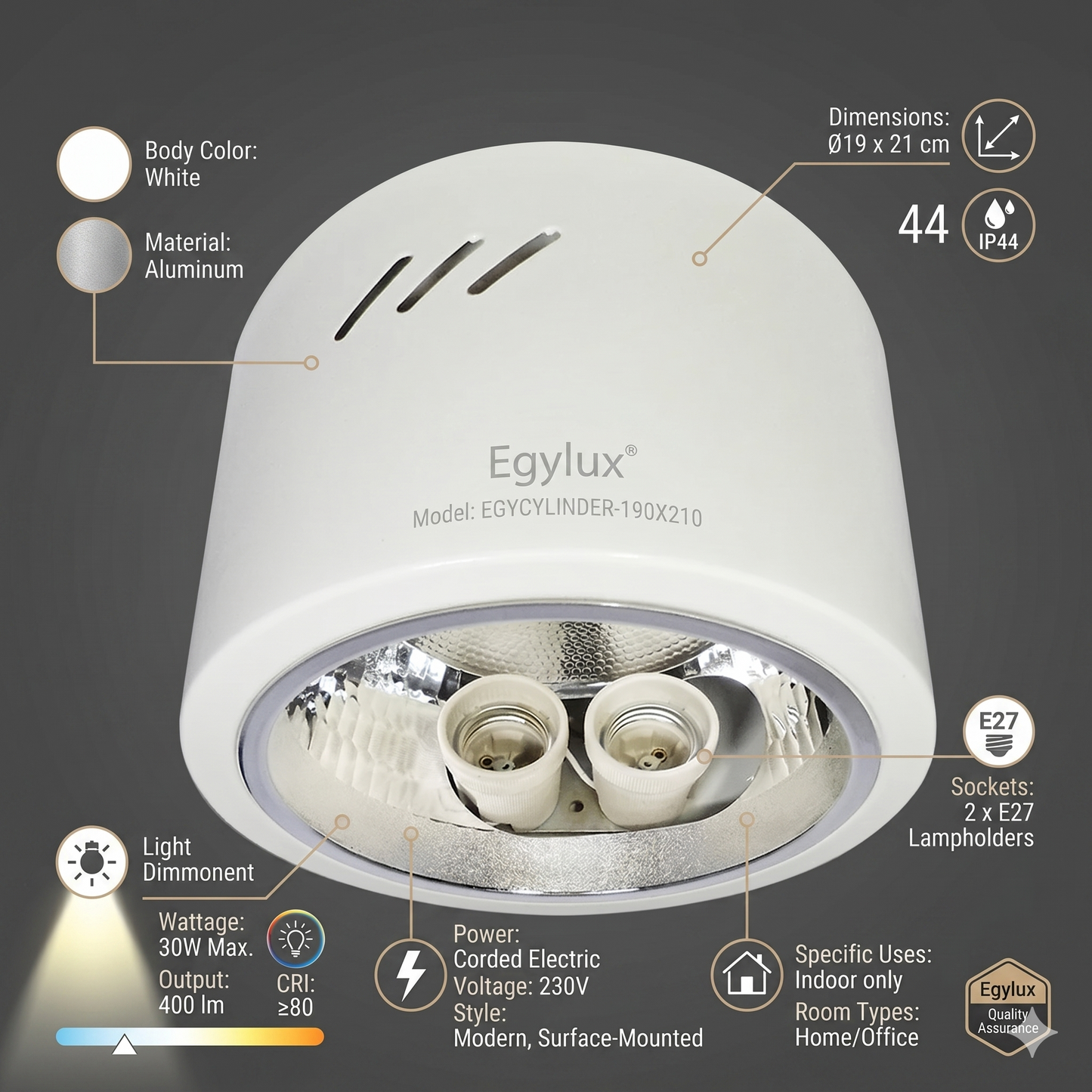 IP44 Cylinder Surface Mounted Downlight - Modern Round Ceiling Spotlight (190x210mm)
