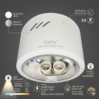IP44 Cylinder Surface Mounted Downlight - Modern Round Ceiling Spotlight (190x210mm)