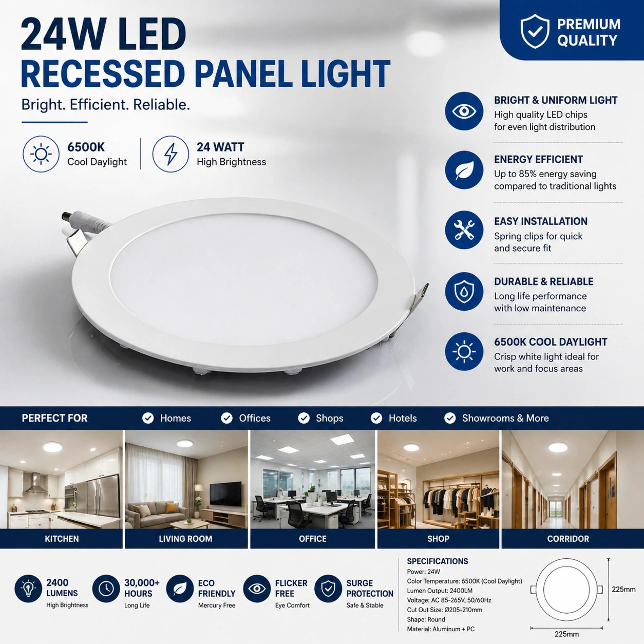 Egylux 24W Round LED Recessed Panel Light - 6500K Cool White Ultra-Slim Downlight (Ø30cm Panel, Ø27cm Cut-Out)