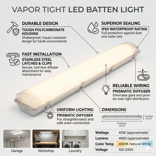 2ft Double Tube LED Vapor Tight Light - 18W 4000lm 6000K IP65 Waterproof T8 Industrial Fixture (Clear Cover)