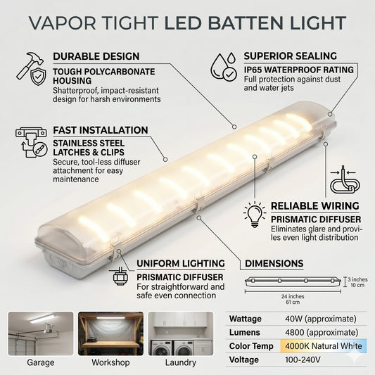 Egylux 2ft Double Tube LED Vapor Tight Fixture - 18W 4000lm 6000K IP65 Waterproof Industrial Light (EGYOCEAN-2X60CM)