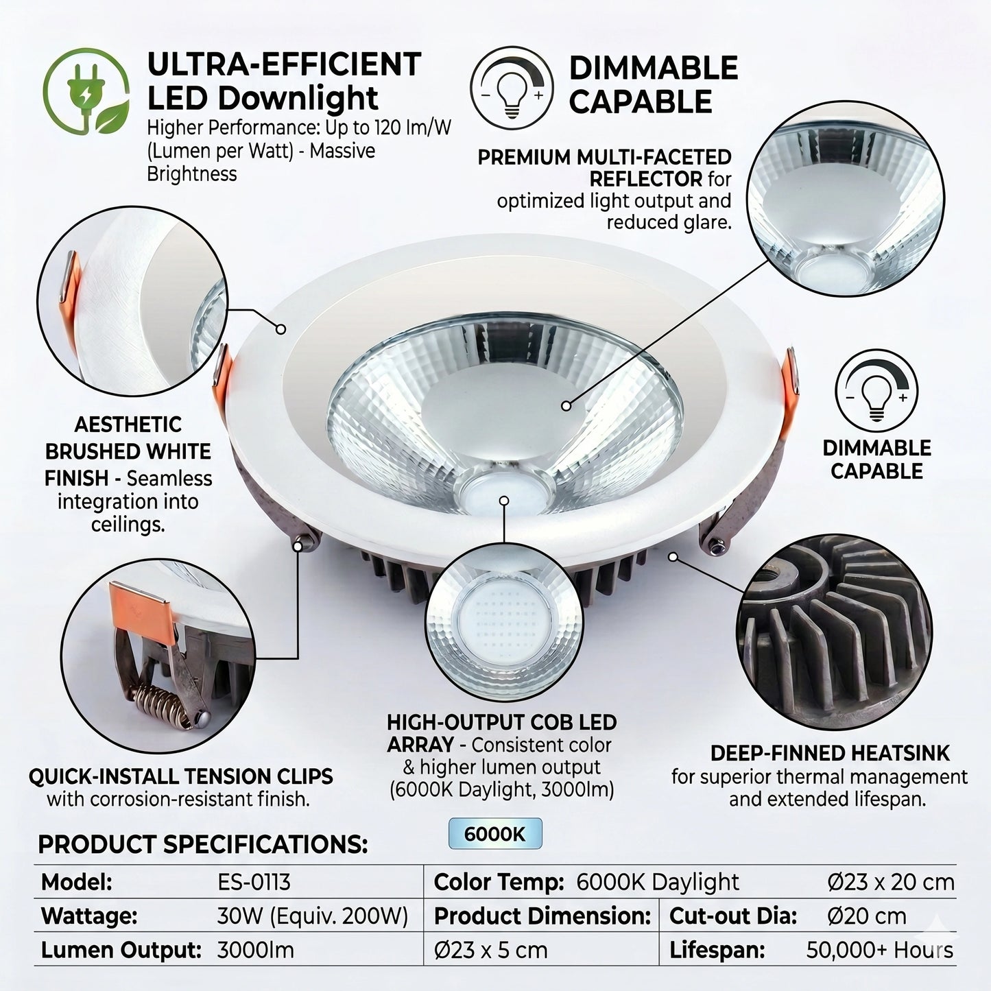 Elsewedy 30W Anti-Glare COB LED Downlight - 6000K Cool White Recessed Spotlight (ES-0113)