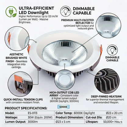 Elsewedy 30W Anti-Glare COB LED Downlight - 6000K Cool White Recessed Spotlight (ES-0113)