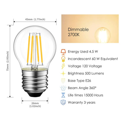 Dimmable G45 LED Filament Bulb 4.5W 3000K Warm White - 60W Equivalent Edison Globe (2700K E26)