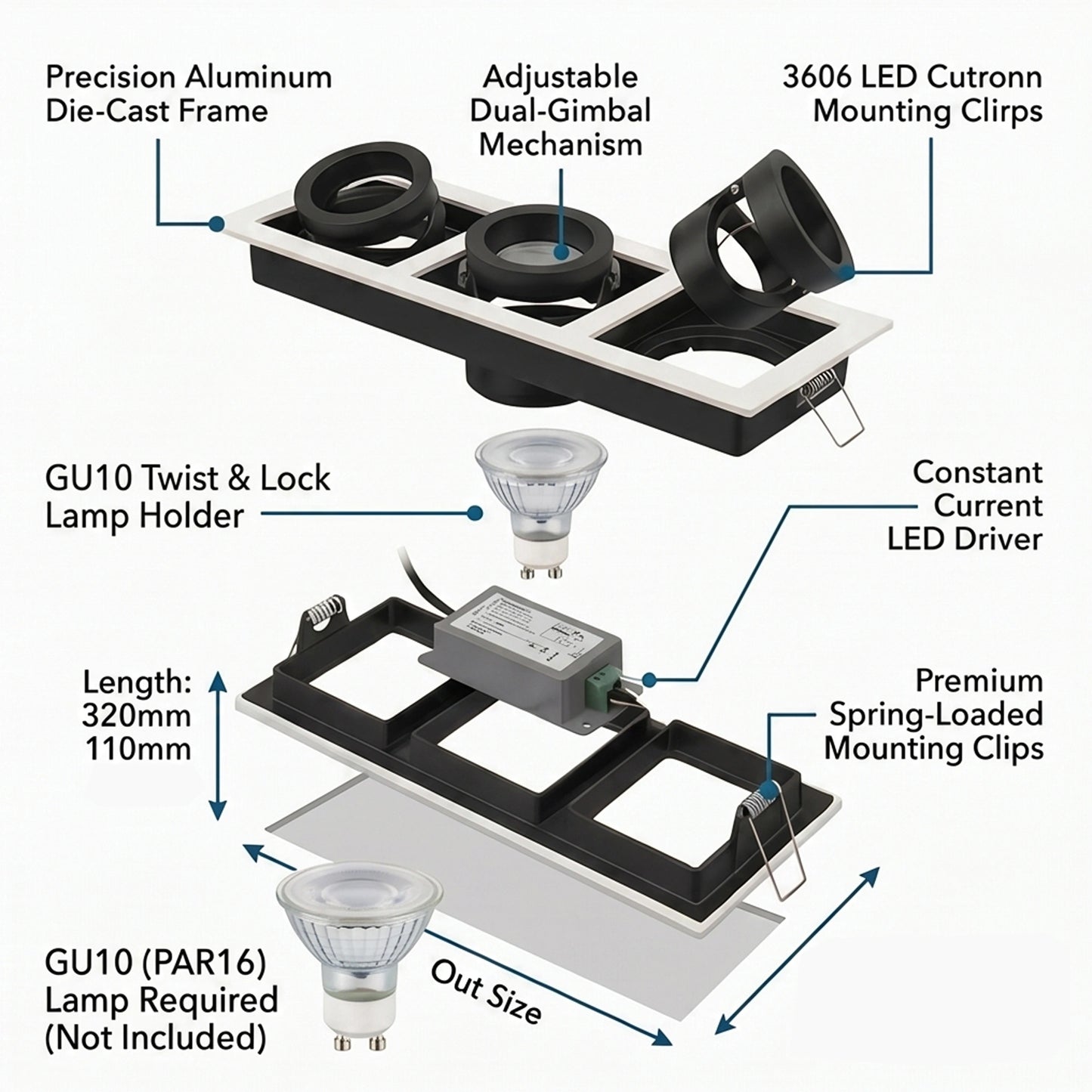 Triple Square Recessed Spotlight Frame - Matte Black & White MR16 GU10 Fixture