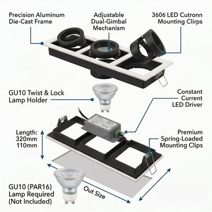 Triple Square Recessed Spotlight Frame - Matte Black & White MR16 GU10 Fixture