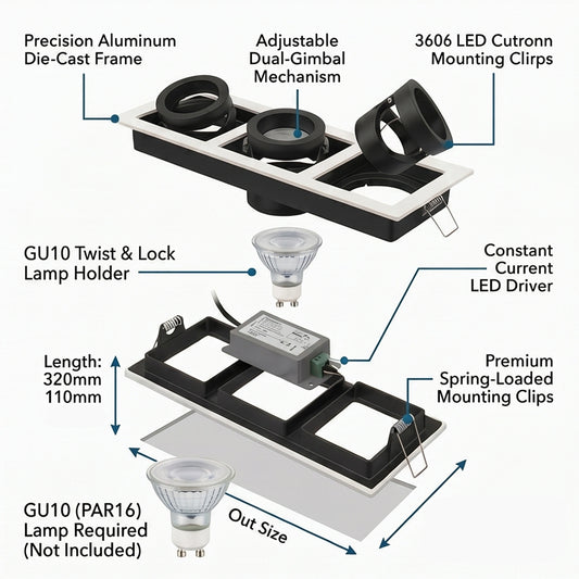 Triple Square Recessed Spotlight Frame - Matte Black & White MR16 GU10 Fixture