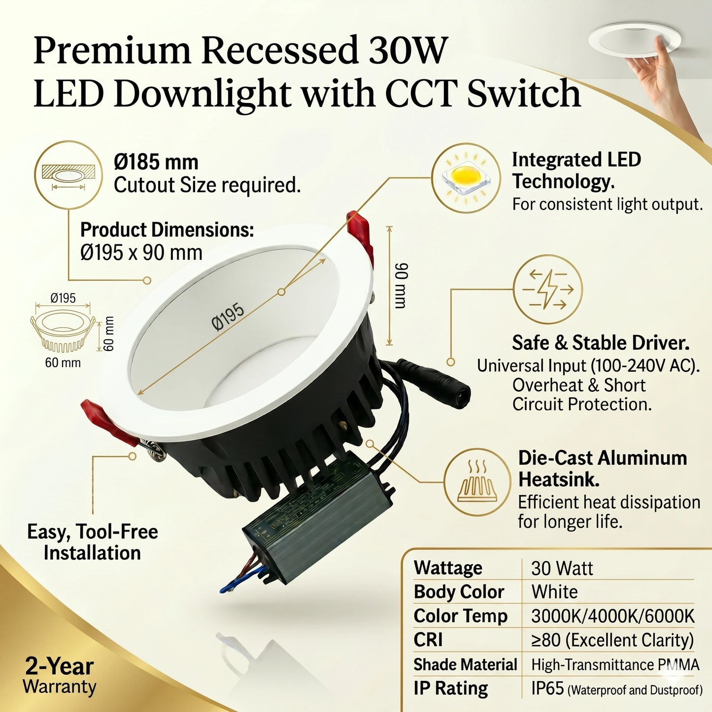 Recessed ceiling downlight 7w/ 10w/ 20w/ 30w, LED Spot Lights, Recessed Downlight Indoor Concentrating Ceiling Lamp 3000K/4000K/6000K Integrated Panel Lighting KTV Background Wall Decorative CRI 85 AC IP65-DOWNLIGHT