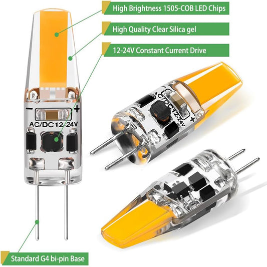 1.5W G4 LED Bulb (20W Halogen Equivalent) - 3000K Warm White 12V-24V COB Bi-Pin JC Type Lamp
