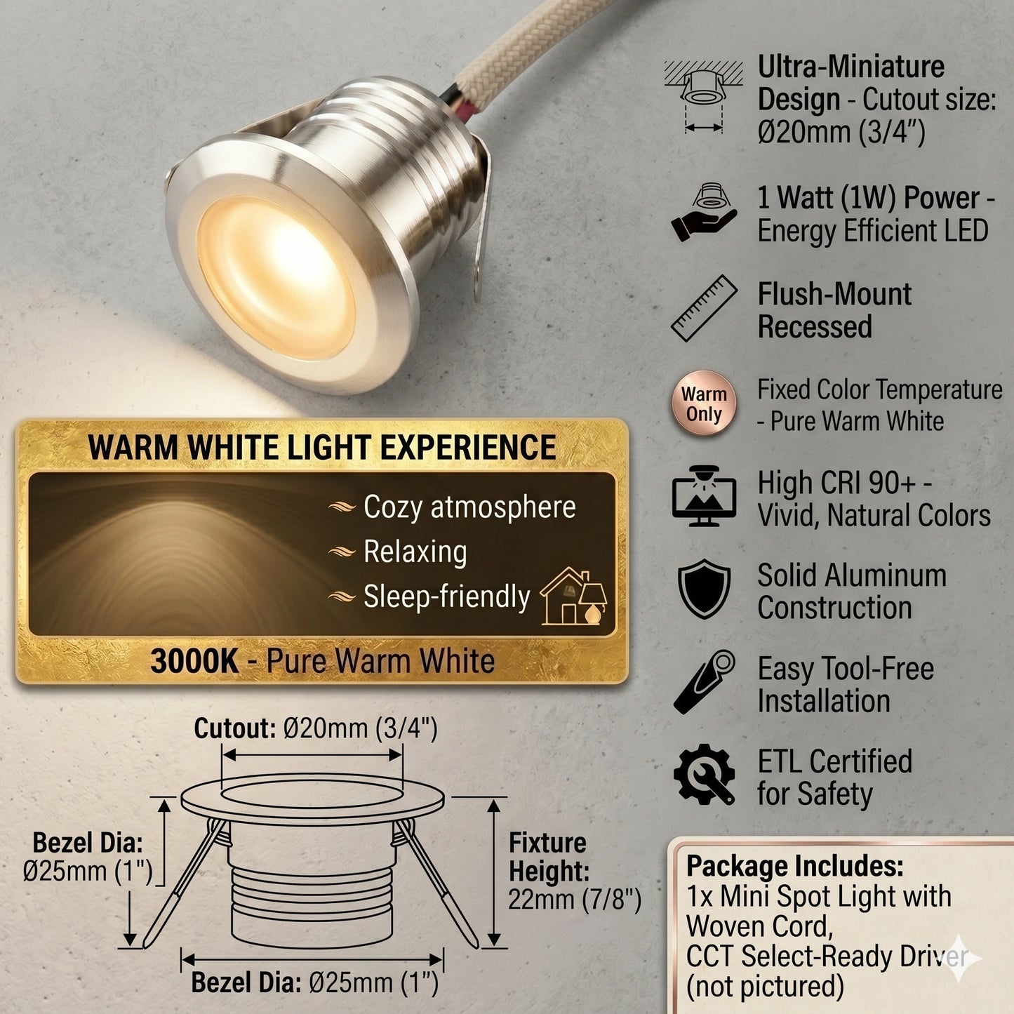 Elsewedy 1W Mini LED Recessed Spot Light - Round Diffused Cabinet & Display Light (3000K Warm White) LM-04
