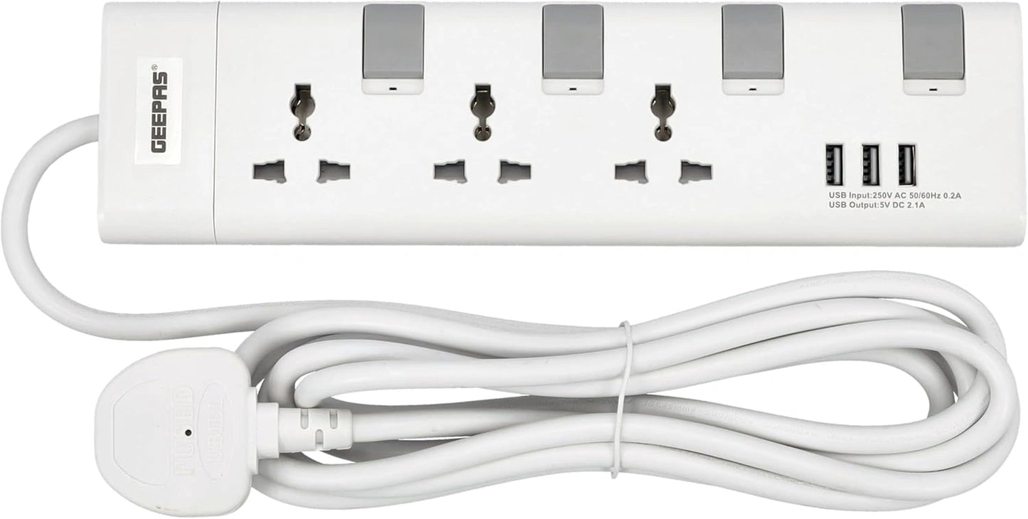 Elsewedy Universal Surge Protector Extension Lead - 4/3 Outlets with 3 USB Ports, Individual Switches & Overload Protection (3M/5M Cord)