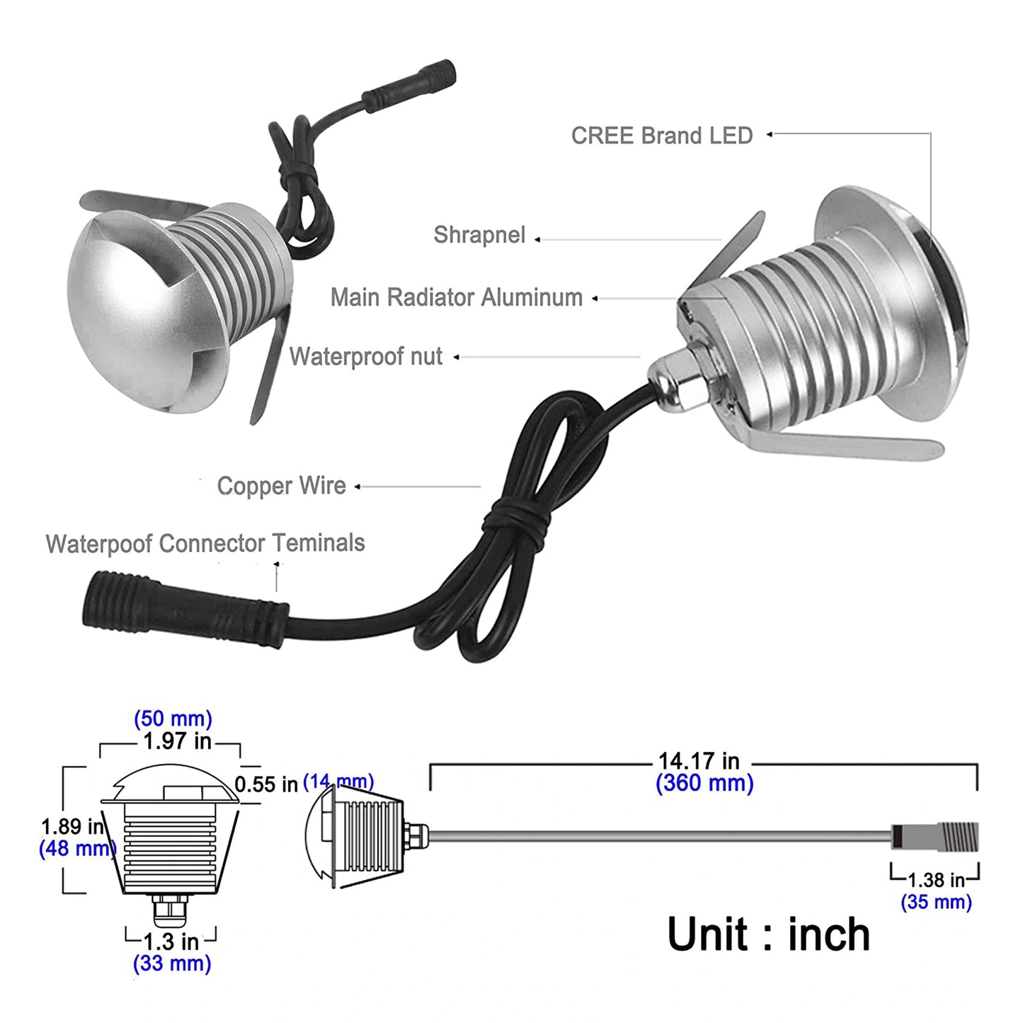 Deck Mini LED Light – 12V-24V DC, IP67 Waterproof – Warm White 3000K – Outdoor Step, Stair & Pathway Lighting – Elsewedy Landscape Accent Light – 1/2/3/4/5 Way Option