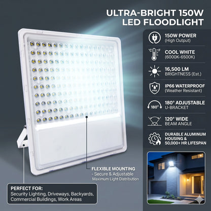 150W Industrial LED Flood Light - IP67 Waterproof 6500K Daylight White High-Power Security Light