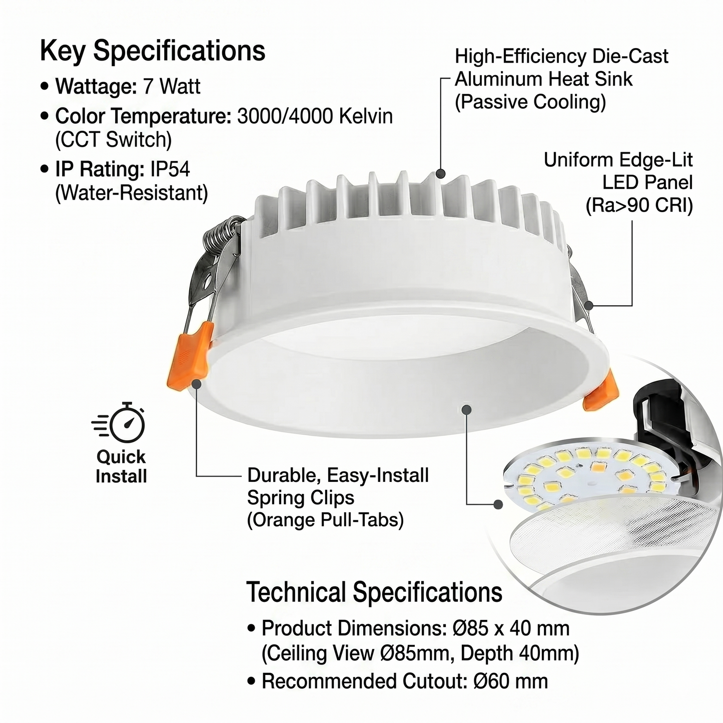 Recessed Round Ceiling IP54 Light, 7w,15w,30w Downlights, Warm White, Natural White, Day White 3000k,4000k,6000K Kelvin Light, LED Spotlights for Bathroom, Kitchen, Living Room TPTD-Elsewedy