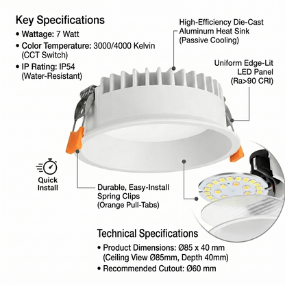 Recessed Round Ceiling IP54 Light, 7w,15w,30w Downlights, Warm White, Natural White, Day White 3000k,4000k,6000K Kelvin Light, LED Spotlights for Bathroom, Kitchen, Living Room TPTD-Elsewedy