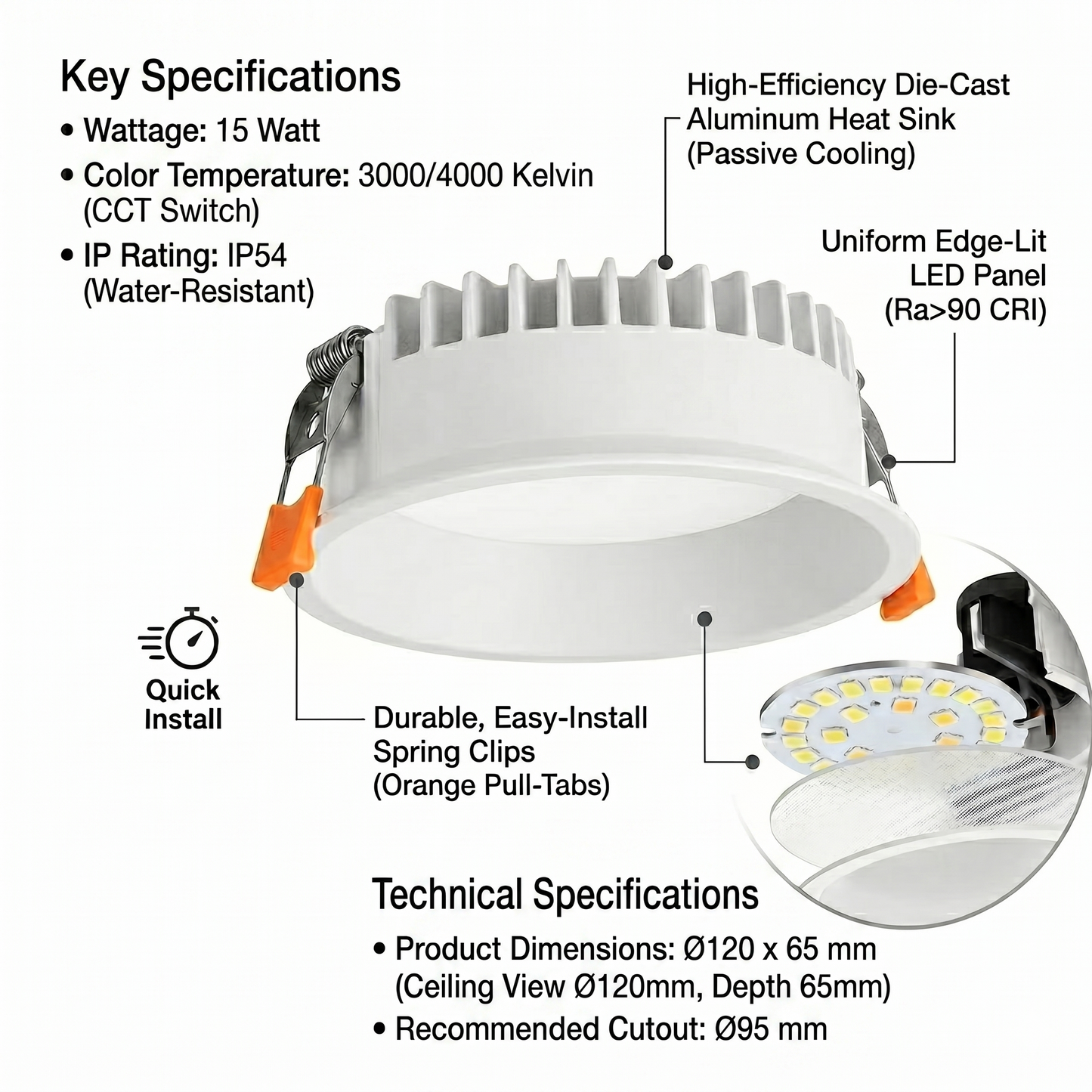 Recessed Round Ceiling IP54 Light, 7w,15w,30w Downlights, Warm White, Natural White, Day White 3000k,4000k,6000K Kelvin Light, LED Spotlights for Bathroom, Kitchen, Living Room TPTD-Elsewedy