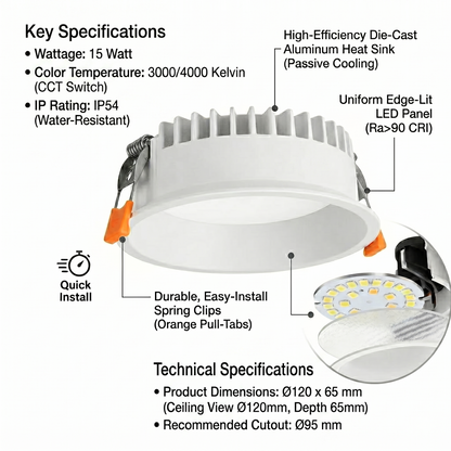 Recessed Round Ceiling IP54 Light, 7w,15w,30w Downlights, Warm White, Natural White, Day White 3000k,4000k,6000K Kelvin Light, LED Spotlights for Bathroom, Kitchen, Living Room TPTD-Elsewedy