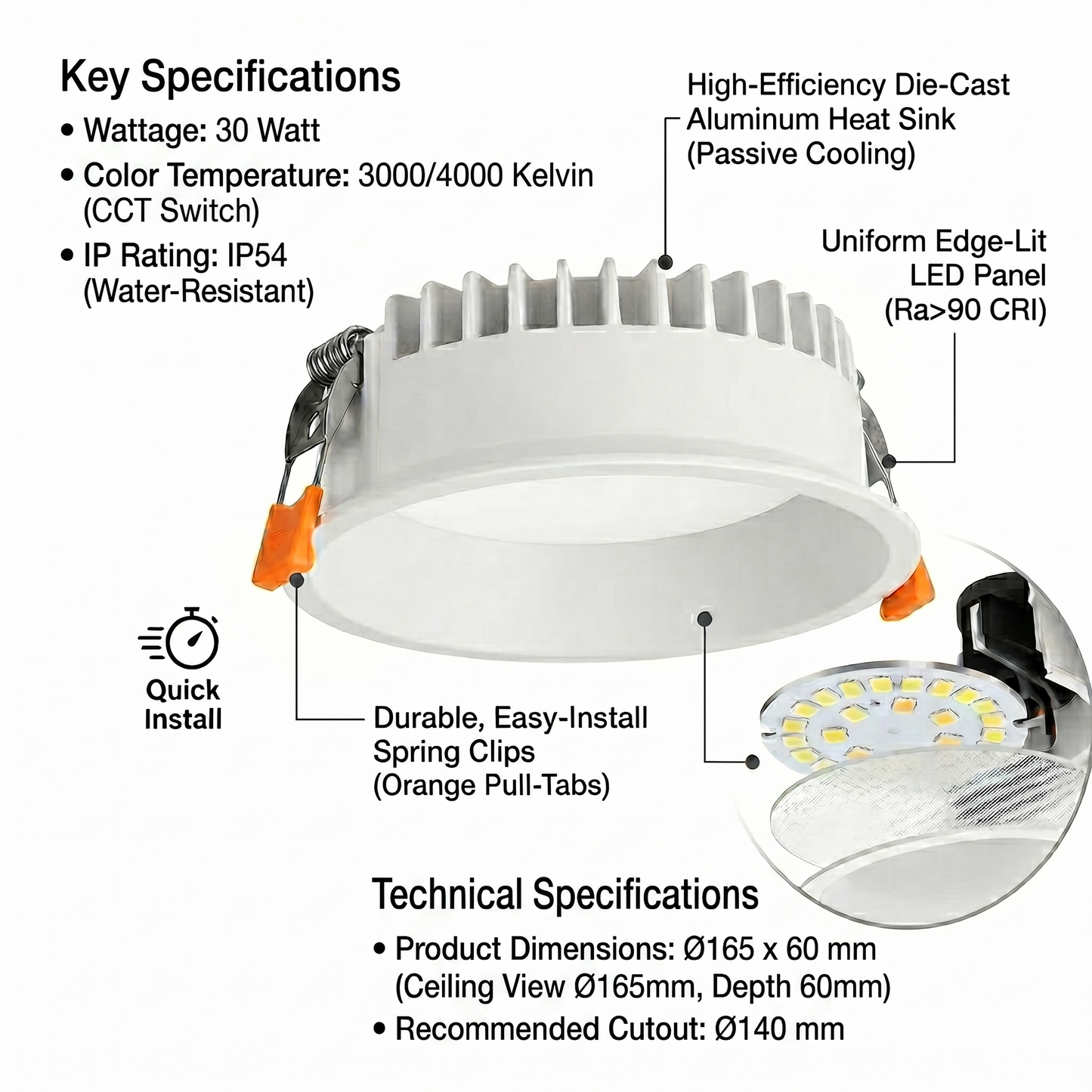 Recessed Round Ceiling IP54 Light, 7w,15w,30w Downlights, Warm White, Natural White, Day White 3000k,4000k,6000K Kelvin Light, LED Spotlights for Bathroom, Kitchen, Living Room TPTD-Elsewedy