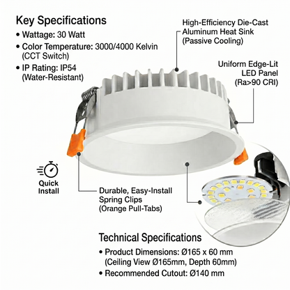 Recessed Round Ceiling IP54 Light, 7w,15w,30w Downlights, Warm White, Natural White, Day White 3000k,4000k,6000K Kelvin Light, LED Spotlights for Bathroom, Kitchen, Living Room TPTD-Elsewedy