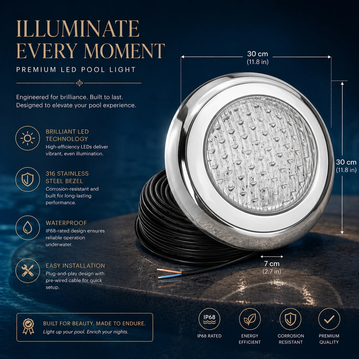 Elsewedy 18W Submersible LED Pool Light - IP68 Waterproof RGB Color Changing & 3000K Warm White Underwater Lamp (Ø30cm, 12V)