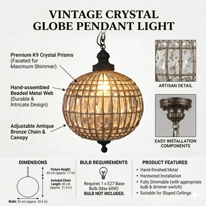 Elsewedy Antique Bronze Crystal Globe Chandelier - Sphere Pendant Light (YG1010/30B)