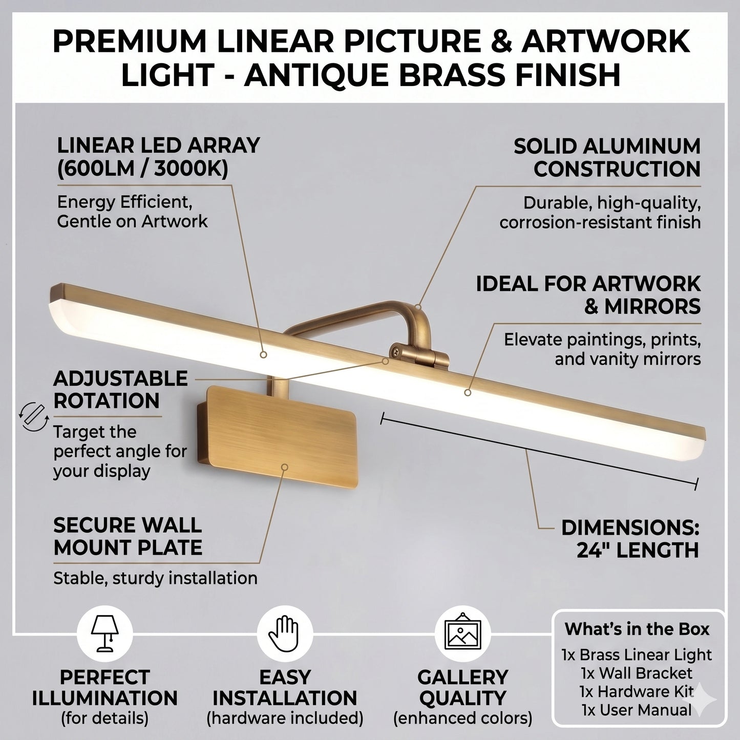Elsewedy 20W Brushed Gold LED Bathroom Vanity Light - 180° Rotatable Dimmable Mirror Light (Z001-L)