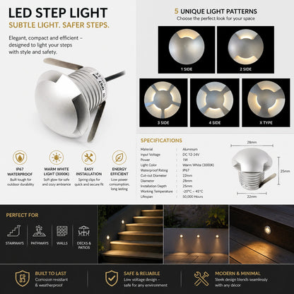 Deck Mini LED Light – 12V-24V DC, IP67 Waterproof – Warm White 3000K – Outdoor Step, Stair & Pathway Lighting – Elsewedy Landscape Accent Light – 1/2/3/4/5 Way Option