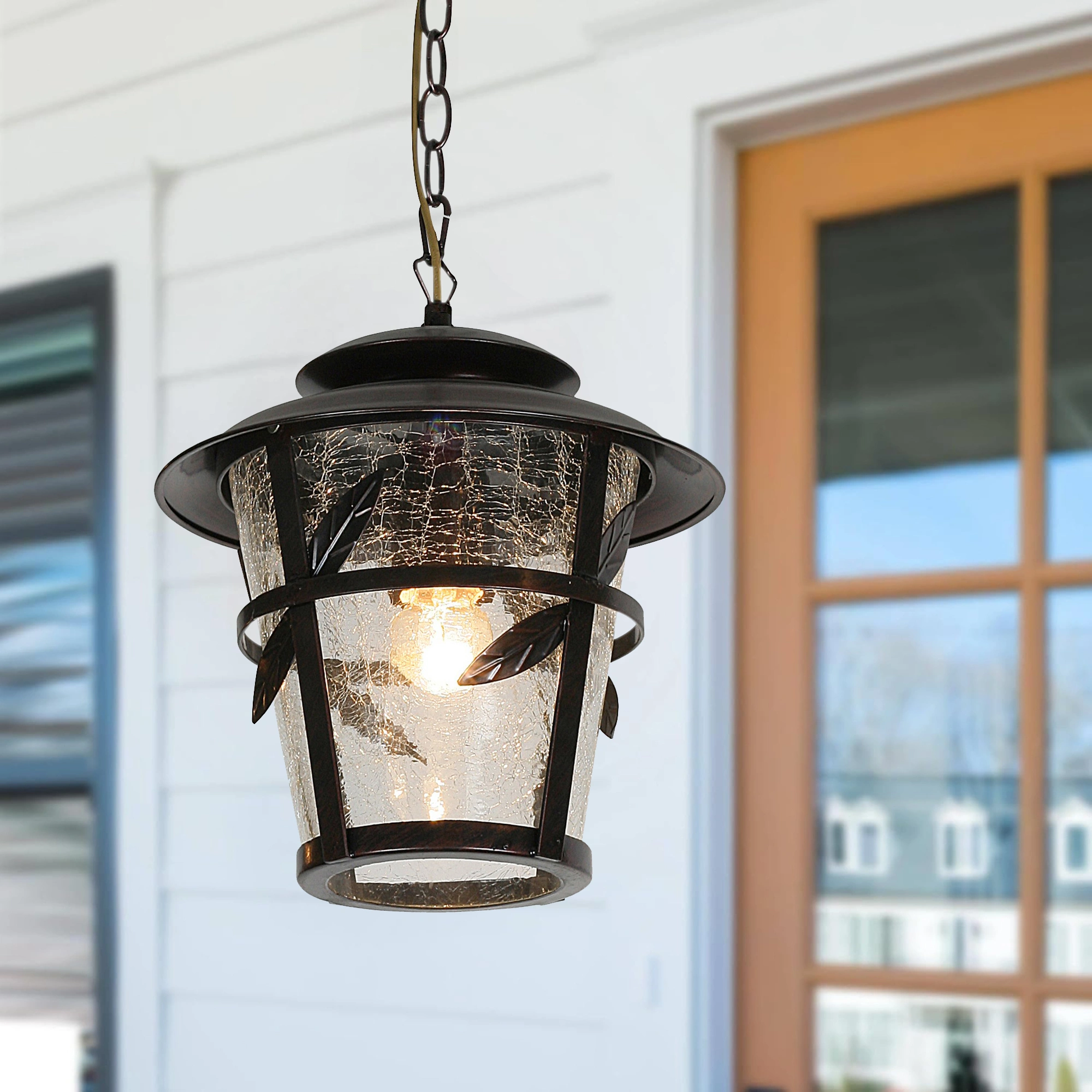 Outdoor E27 Pendant Light, Outdoor Hanging Lights in Rustic Bronze Finish with Crack Glass Design, Waterproof Exterior Hanging Lantern Outdoor Chandelier for Gazebo, Porch, Patio, Hallway, Entryway 1050-1H-ELSEWEDY
