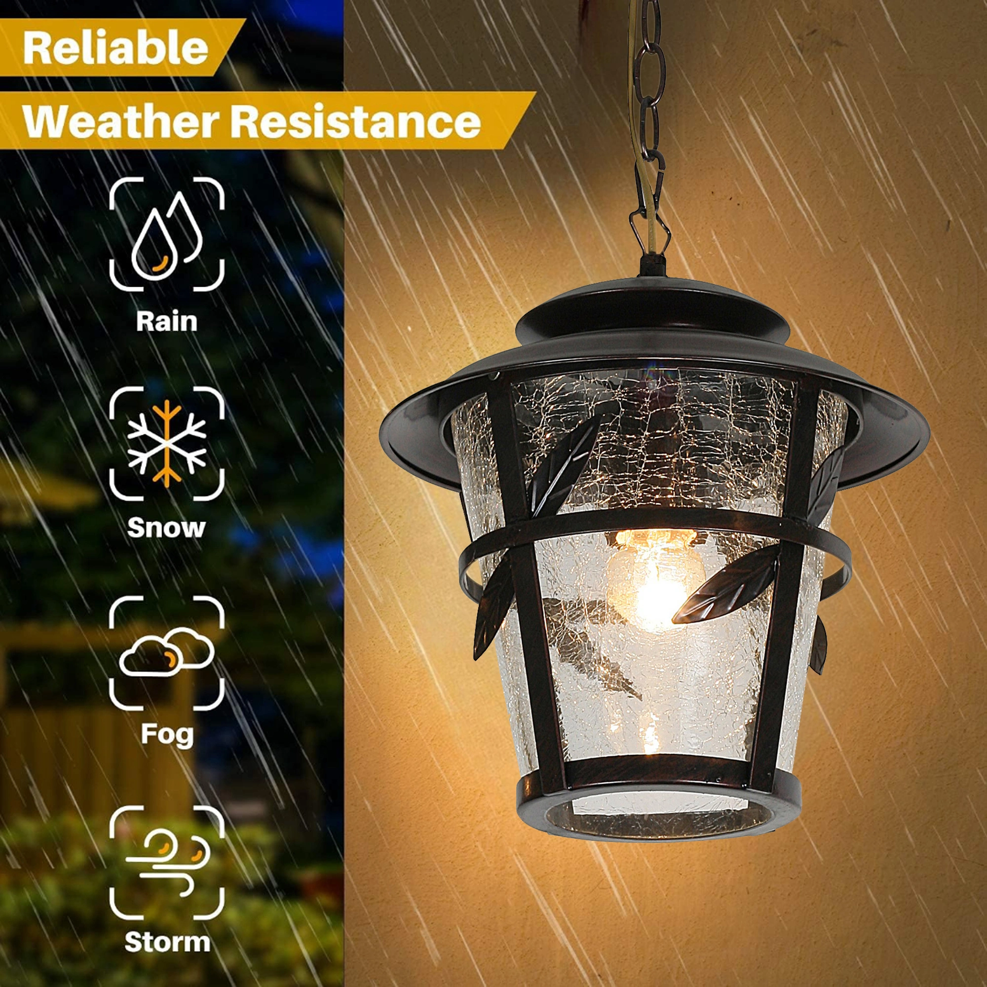 Outdoor E27 Pendant Light, Outdoor Hanging Lights in Rustic Bronze Finish with Crack Glass Design, Waterproof Exterior Hanging Lantern Outdoor Chandelier for Gazebo, Porch, Patio, Hallway, Entryway 1050-1H-ELSEWEDY - Image 2