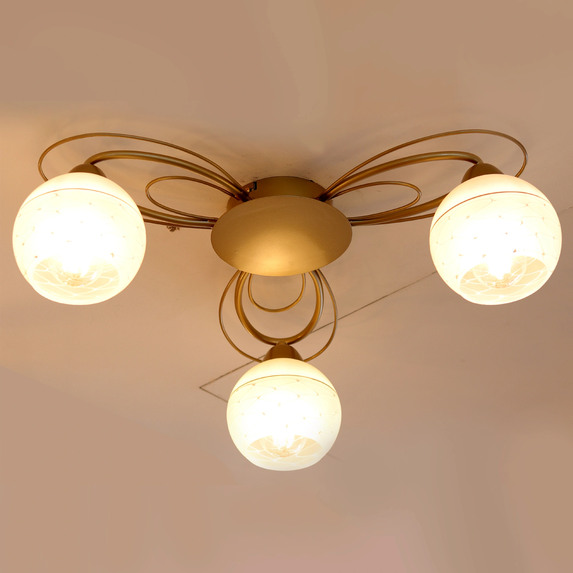 Elsewedy 3-Lights Semi Flush Mount Ceiling Light Fixture Gold Light Fixture Bend Modeling with Milk Glass Globe for Bedroom, Living Room, Dinning Room Foyer Hallway 1213/3-ELSEWEDY